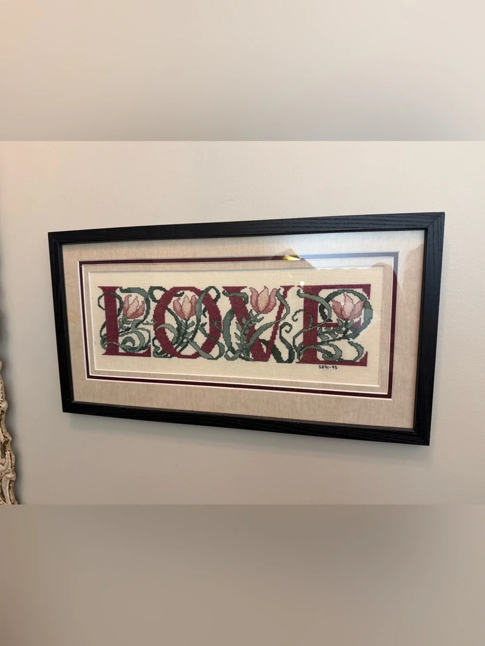 Black Framed Floral Cross-Stitch Wall Art - Neutral and Burgundy Accents